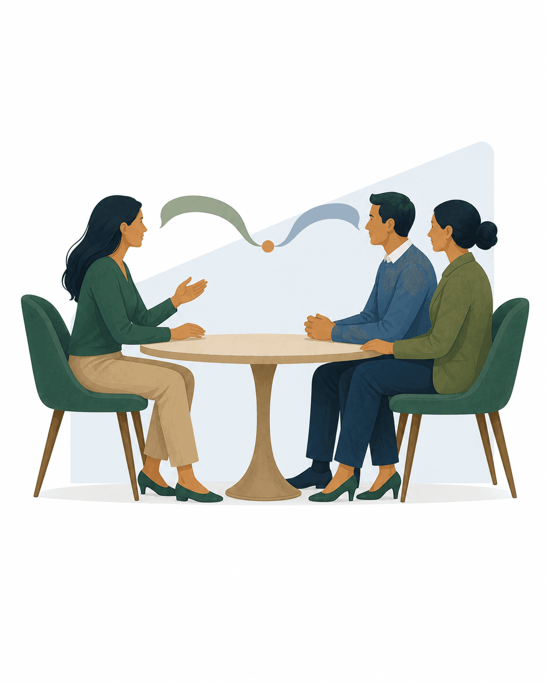 A professional in conversation with two organizational leaders across a table